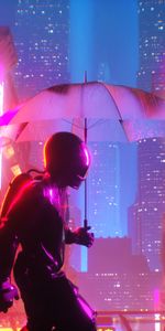 Imeuble,Bâtiment,Lueur,Ville,Briller,Parapluie,Cyborg,Art,Néon,Cyberpunk