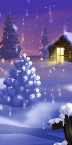 New Year,Fir Trees,Shine,Light,Holiday,Holidays,Night,House