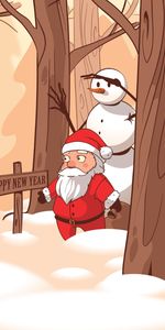 New Year,Santa Claus,Snowman,Forest,Holidays,Vector