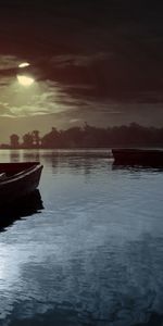 Night,Clouds,Lake,Shine,Light,Boats,Nature,Moon