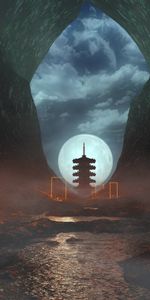 Night,Fog,Pagoda,Cave,Art,Moon