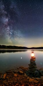 Night,Lake,Shore,Bank,Stones,Lamp,Lantern,Dark