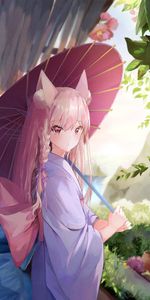 Outfit,Attire,Umbrella,Kimono,Girl,Art,Anime