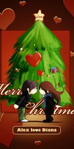 Pair,Christmas Tree,Mood,Wishes,Holidays,Christmas,Couple,Kiss,Love,Hearts