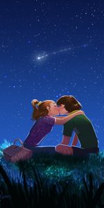 Pair,Starry Sky,Art,Kiss,Couple,Love,Romance