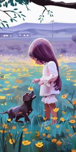 La Fille,Animal Domestique,Agréable,Chéri,Animaux,Art,Chien,Fille,Fleurs