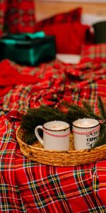 Fêtes,Pin,Grosses Tasses,Tissu Écossais,Branches,Tasses,Nouvel An,Plaid,Noël