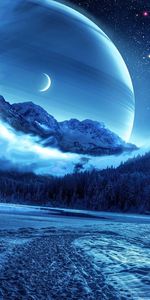 Planets,Fantastic Landscape,Winter,Mountains,Night,Road,Nature