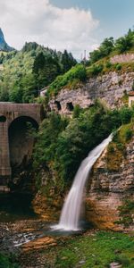 Precipice,Flow,Bridge,Break,Trees,Waterfall,Nature