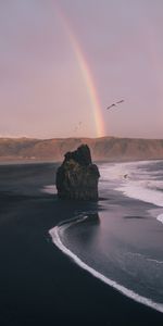 Rainbow,Rocks,Nature,Sea,Waves,Beach