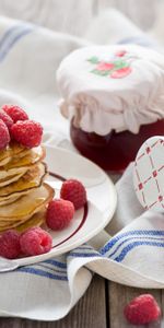 Raspberry,Pancakes,Fritter,Jam,Food,Tablewares