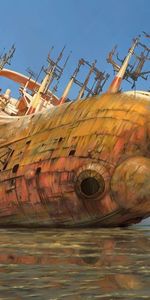 Reflection,Stranded,Shallow,Wreckage,Detritus,Sea,Old,Ship,Fantasy