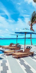 Relaxation,Miscellanea,Miscellaneous,Ocean,Rest,Deck Chair,Sun Lounger,Palms,Umbrella