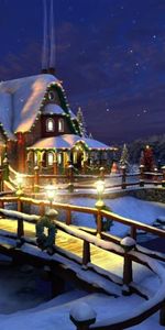 Rivers,Fir Trees,Bridge,Holidays,Snow,Night,House