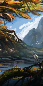 Rivers,Mountains,Heron,Bird,Wood,Tree,Roots,Art