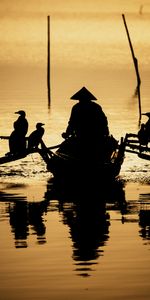 Rivers,Reflection,Dark,Silhouette,Oars,Paddles,Boat,Birds