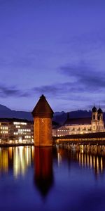 Rivers,Sky,Mountains,Night,Twilight,Building,Lights,Reflection,Smooth,Dusk,Bridge,Backlight,Illumination,Lucerne,Embankment,Quay,Temples,Cities,Water,Surface,Switzerland