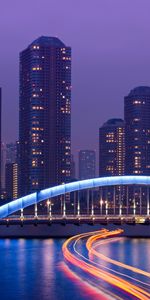 Rivers,Sky,Night,Lights,Skyscrapers,Bridge,Backlight,Illumination,Megalopolis,Megapolis,Excerpt,Cities,Lilac,Capital,Tokyo,Japan