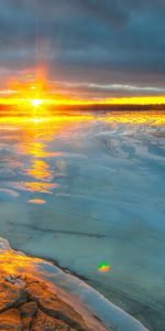 Naturaleza,Ríos,Hielo,Noche,Horizonte,Piedra,Una Roca,Puesta Del Sol