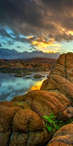 Rivers,Sunset,Stones,Sky,Mountains,Rocks,Nature