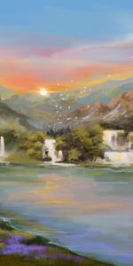 Rivers,Sunset,Waterfall,Birds,Art,Landscape