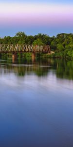 Rivers,Trees,Sky,Clouds,Smooth,Surface,Bridge,Colors,Color,Design,Nature,Lilac,Construction