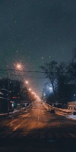 Road,Dusk,Snowfall,Twilight,Night City,Cities,Winter