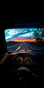 Road,Rudder,Travel,Steering Wheel,Sunset,Car,Dark