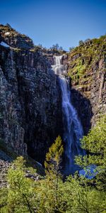 Rock,Waterfall,Branches,Break,Precipice,Trees,Nature