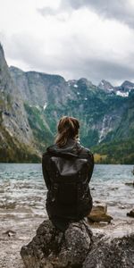 Rocks,Lake,Miscellanea,Miscellaneous,Loneliness,Lonely,Girl,Alone