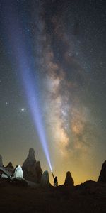 Rocks,Miscellanea,Miscellaneous,Starry Sky,Human,Person,Glow,Silhouette,Lamp,Lantern