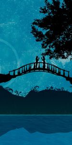 Romance,Trees,Bridge,Wire,Islands,Islets,Sea,Wires,Silhouettes,People,Vector