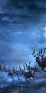 Santa Claus,Deers,Flight,Sleigh,Sledge,Presents,Gifts,Christmas,Holidays