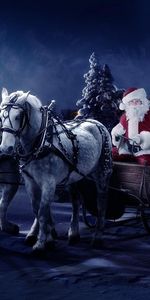 Fêtes,Sapins,Sac,Traîneau,Cadeaux,Père Noël,Nuit,Le Père Noël,Luge,Fille,Noël,Chevaux