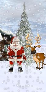 Santa Claus,Snow,Christmas Tree,Deer,Sledge,Sleigh,Presents,Gifts,Holidays,House