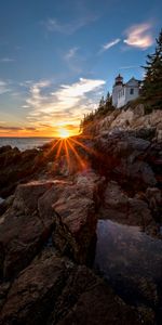 Sea,Building,Rocks,Beams,Rays,Lighthouse,Nature