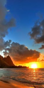 Sea,Clouds,Shore,Bank,Evening,Calm,Nature,Mountains,Sunset,Sun,Beach