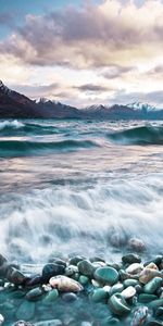 Sea,Clouds,Waves,Mountains,Landscape