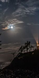 Sea,Mountain,Lighthouse,Trees,Night,Dark