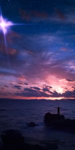 Sea,Rock,Horizon,Night,Dark,Silhouette,Starry Sky