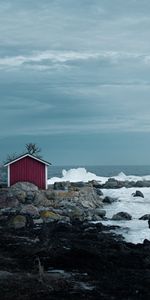 Sea,Rocks,Coast,Nature,Lodge,Ice,Small House