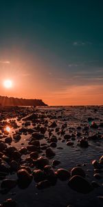 Puesta Del Sol,Mar,Orilla,Banco,Brillar,Luz,Stones,Naturaleza