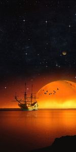 Sea,Starry Sky,Photoshop,Miscellanea,Miscellaneous,Night,Ship