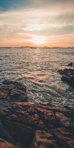 Sea,Sun,Rocks,Horizon,Nature