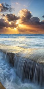 Shore,Bank,Dusk,Nature,Twilight,Clouds,Flow,Sun,Sunset,Ocean,Waves,Sea