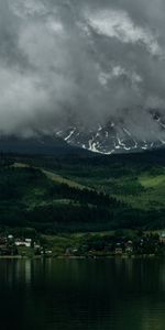 Shore,Bank,Nature,Mountains,Fog,Buildings