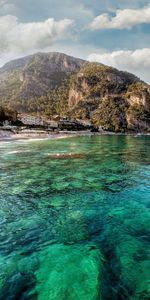 Shore,Bank,Shine,Reefs,Water,Mountains,Transparent,Light,Bottom,Island,Nature,Sun