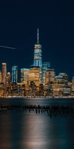 Orilla,Banco,Panorama,Ciudad De Noche,Ciudad Nocturna,Ee Uu,Estados Unidos,Rascacielos,Ciudades,Nueva York