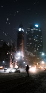 Silhouette,Night City,Snowfall,Dark,Street,City Lights