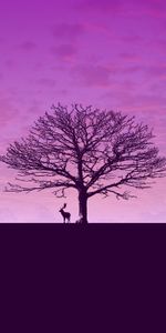 Sky,Clouds,Deer,Tree,Wood,Minimalism